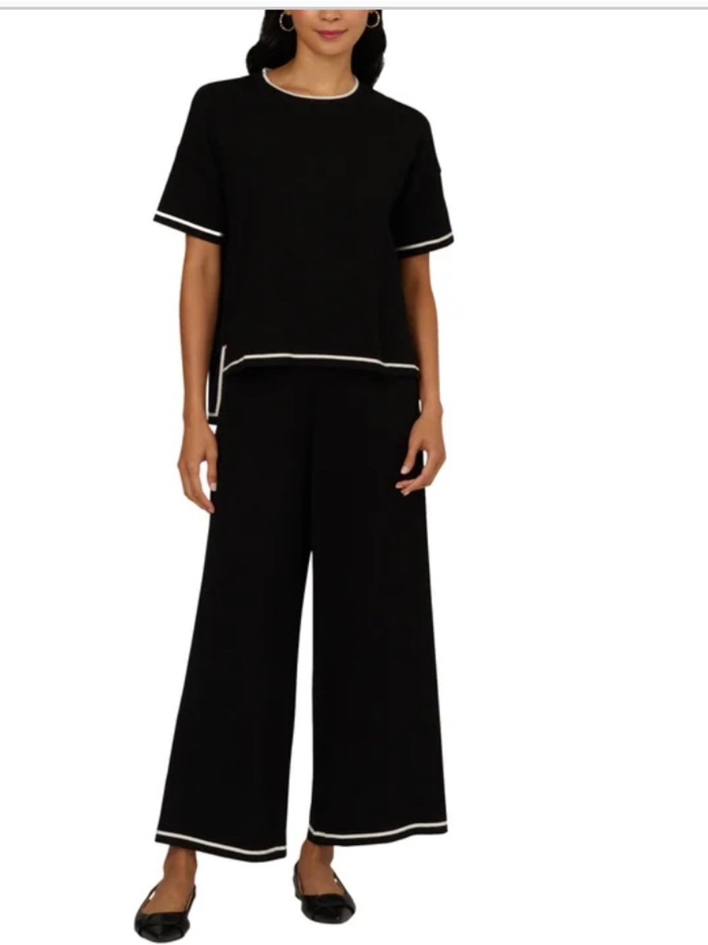 NWT Adrianna Papell Black Wide-Leg Knit Two-Piece with Contrast Trim